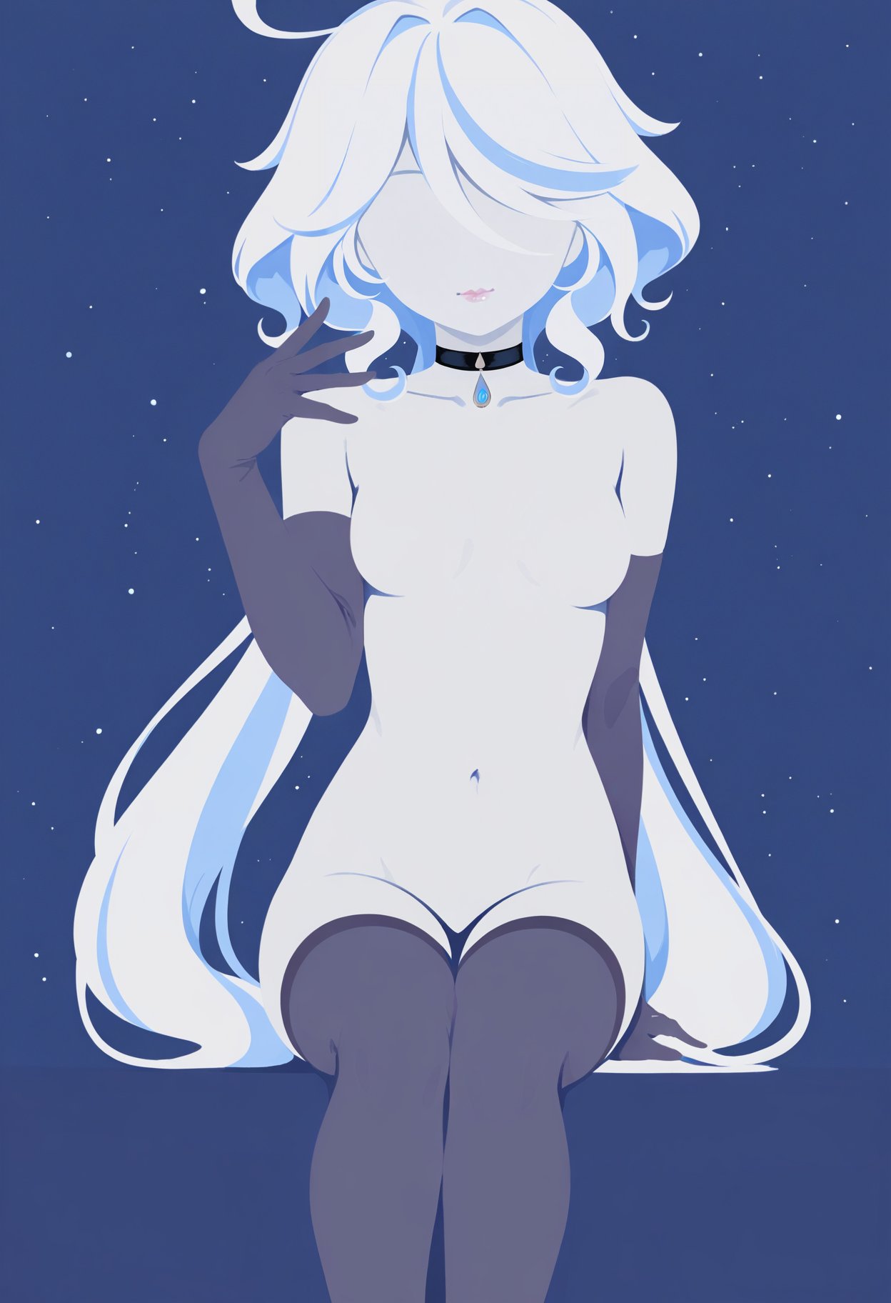 1girl,genshin impact,simple background, flat color, minimalism, no eyes, no lineart, silhouette, double exposure, solo, furina, naked, elbow gloves, thighhighs, choker, breasts, spread legs, limited palette, high contrast, no lineart, long hair, legs together, sitting, facing viewer, lips, no nipples, blacktober, white skin, ghost, nude, no nose, gloves, navel, flat chest joke, very long hair, medium breasts, white hair, collarbone, colored skin, star \(sky\), hand up, arm support