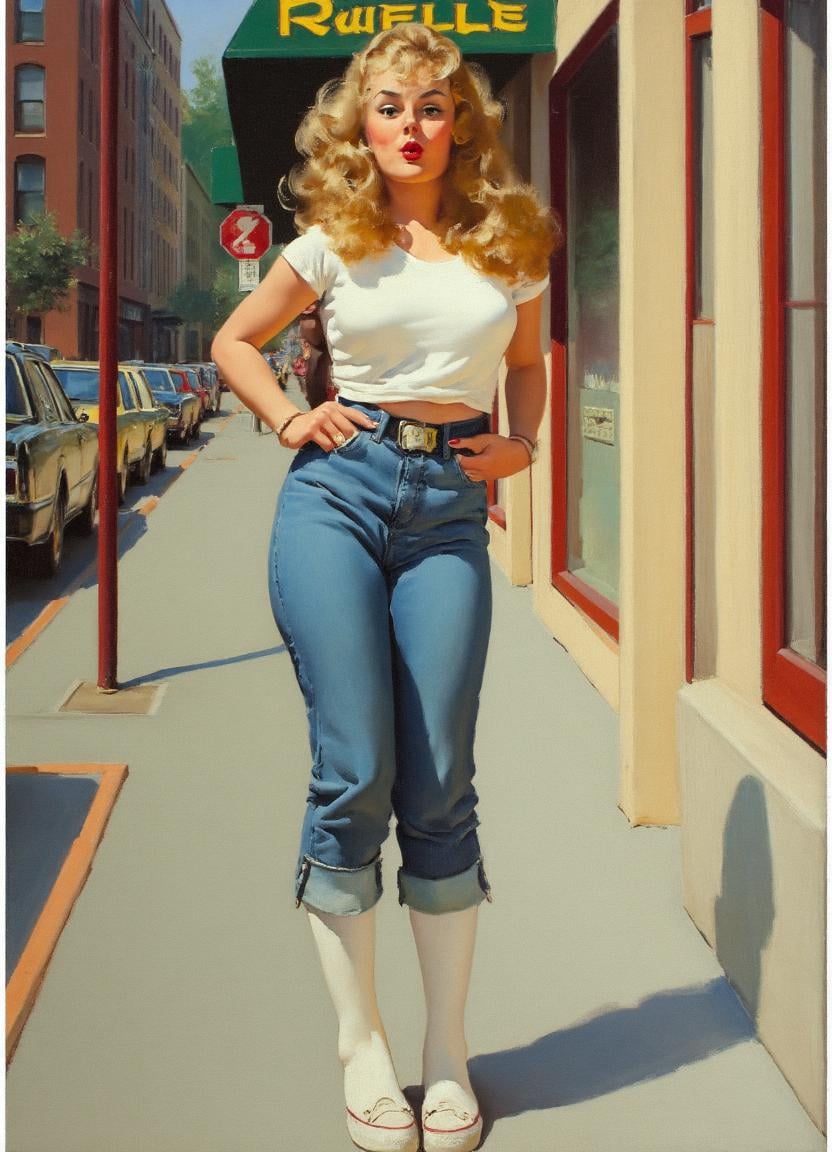 A realistic,  high-resolution painting by Gil Elvgren of a woman standing. She has long,  voluminous by MacrossManiac on T...