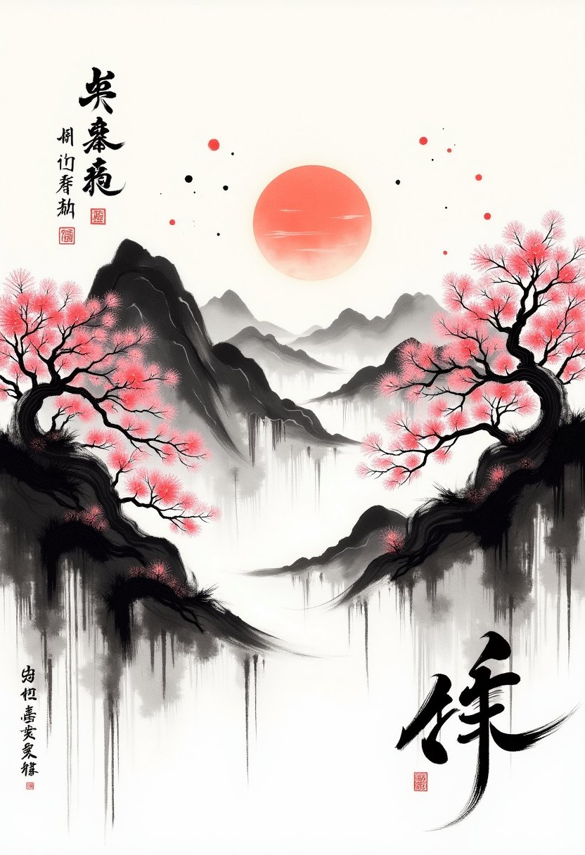 <lora:calligraphy_ink:1> monochrome Chinese text and smudged and faded ink brush style, mountains with rivers and sakura treesin a faded smudged brush strokes calligraphy ink style, with a rising sun and Chinese text in background