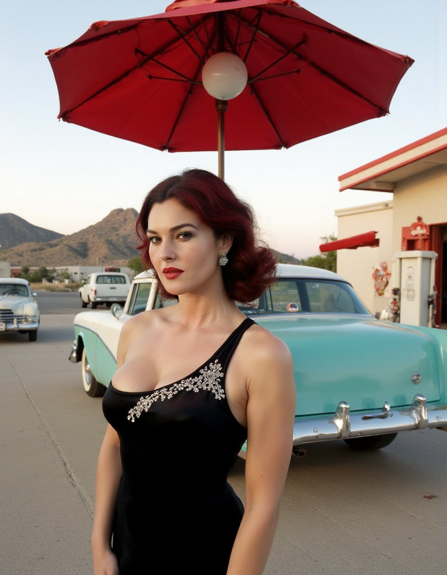 This is a high-resolution, color photograph capturing a strikingly glamorous scene at a vintage gas station during what appears to be the late 1950s. The focal point is a woman with a fair complexion, styled with voluminous, dark red hair that is elegantly curled and pinned back. She wears dramatic makeup, with bold red lipstick and dark, smoky eye makeup, accentuating her striking features. Her outfit is a form-fitting, black, one-shoulder dress adorned with intricate, sparkling, silver embroidery around the neckline, emphasizing her ample cleavage. She accessorizes with a pair of elegant, dangling, diamond earrings.In the background, a classic turquoise and white 1950s car with chrome accents is parked under a large, red, umbrella-shaped gas station canopy. The canopy is illuminated by a spherical, white light fixture. The gas station building has a simple, white facade with red accents, and the background reveals other classic cars and a distant, low mountain range, suggesting a desert or rural setting. The overall atmosphere of the image is nostalgic and glamorous, capturing a timeless moment of mid-century style and elegance.,Monica Bellucci, <lora:Monica_Bellucci_Flux_V1:1>