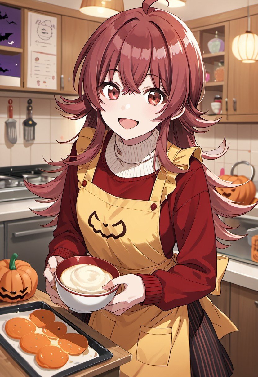 score_9, score_8_up, score_7_up, source_anime,komiya kaho, red hair, long hair, red eyes, 1girl, skirt, apron, solo, smile, sweater, open mouth, ahoge, indoors, red sweater, halloween, looking at viewer, yellow apron, long sleeves