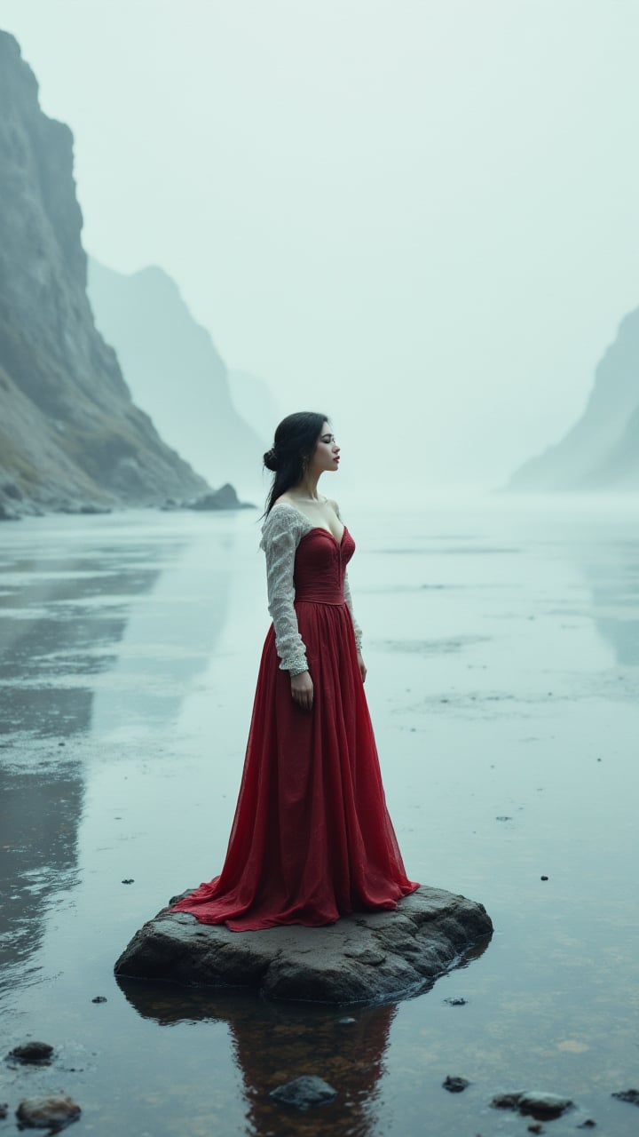 photograph, In a surreal landscape, a figure dressed in a red and white dress stands on the edge of a frozen lake. Her eyes are closed as she gazes out at the sky, lost in thought. Art Photography, Ilford HP5+ 400, Depth of field 270mm, aidmafluxpro1.1