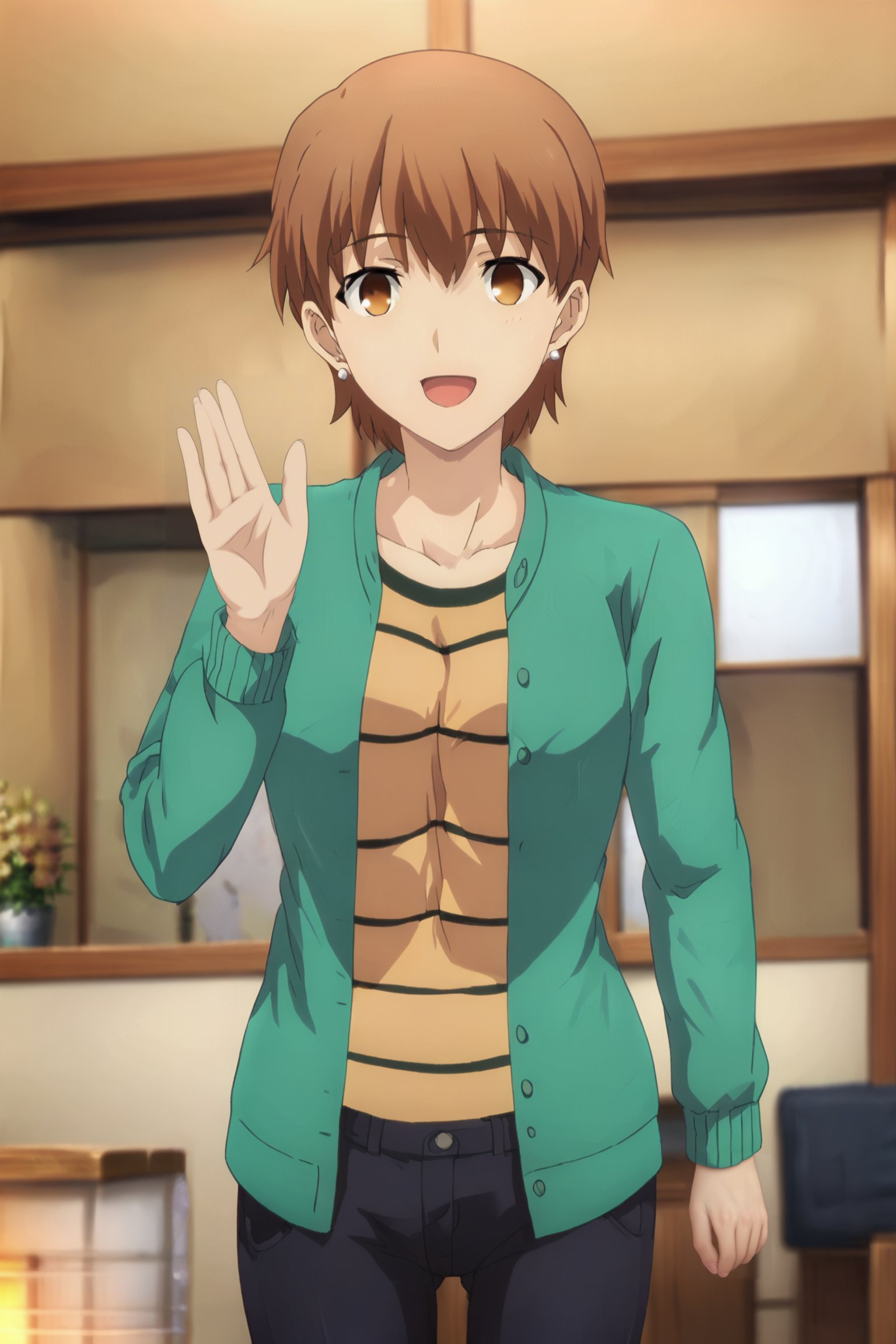 score_9, score_8_up, score_7_up, source_anime, official anime artwork, anime screencap, masterpiece,in a house, in a living room, <lora:Taiga_Fujimura:1>Taiga green shirt outfit, brown hair, short hair, jewelry, earrings, striped shirt, green button up shirt, open clothing, pants,cowboy shot, looking at the viewer, :D,  happy girl, waving to the viewer,