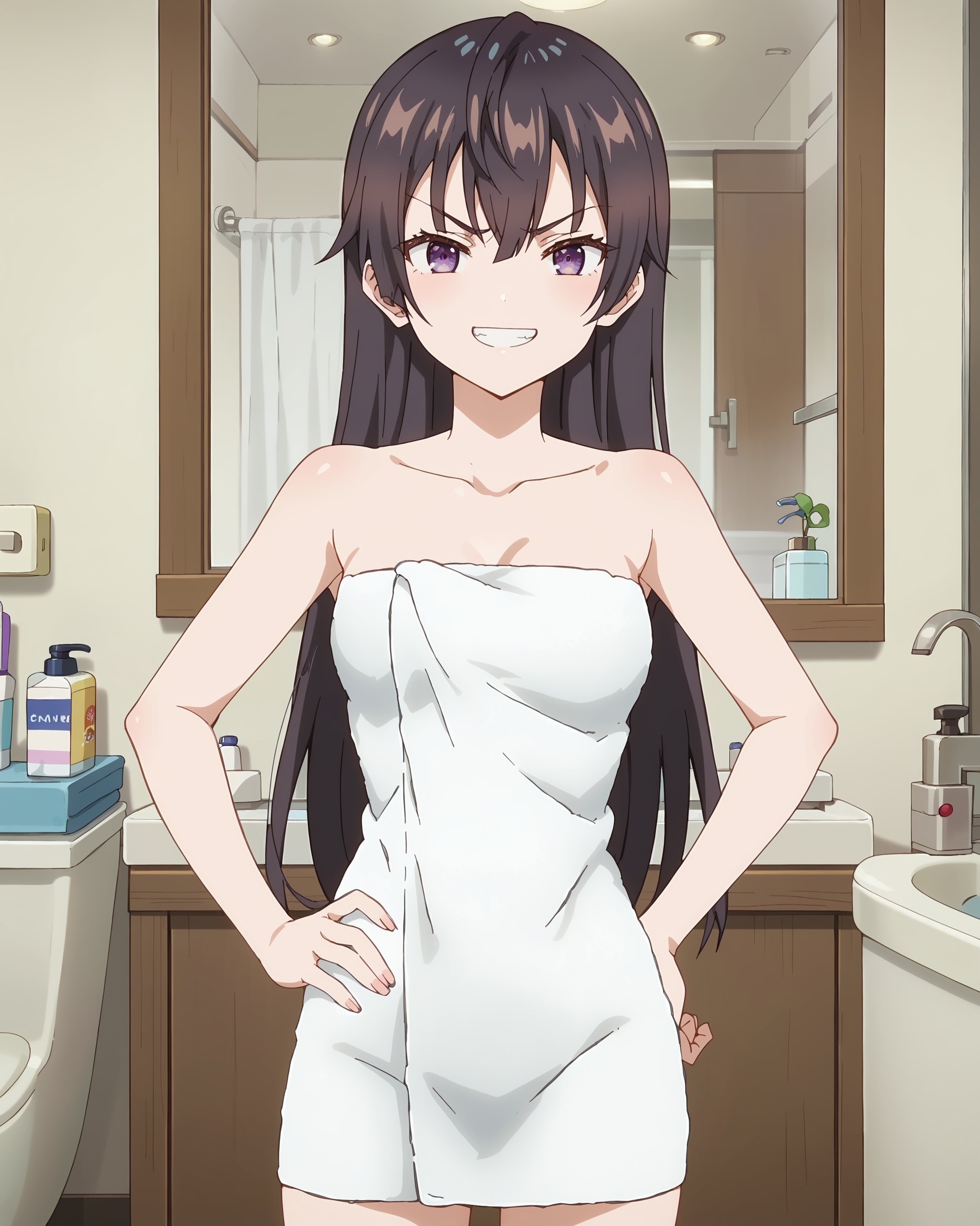 score_9, score_8_up, score_7_up, source_anime, indoors, official anime artwork, screencap, anime screencap, masterpiece, inside a bathroom, 18 year old girl, medium breasts,<lora:Yuki_Suou:.8>Yuki towel outfit | long hair, brown hair, bangs, purple eyes, naked towel,looking at the viewer, eyes half closed, seductive look, seductive grin, sexy pose, hand on hips