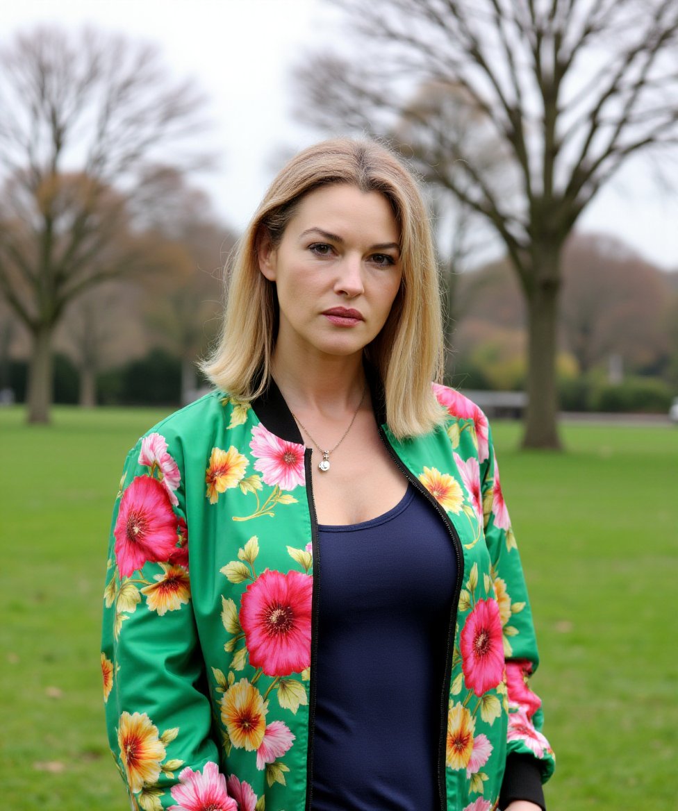 The image is a high-resolution photograph featuring a young woman standing outdoors in a park-like setting. The background consists of a well-manicured lawn with several trees, some of which are bare, indicating a late autumn or early spring season. The sky is overcast, suggesting a cloudy day.The woman is positioned centrally in the frame, facing the camera with a neutral expression. She has shoulder-length, straight blonde hair that frames her face. Her skin is fair, and she has a light makeup look with a subtle pink lipstick. She is wearing a vibrant green bomber jacket adorned with a colorful floral print featuring large, bold flowers in shades of pink, yellow, and white. Underneath, she wears a dark blue top with a floral pattern similar to the jacket.The bomber jacket has a black trim around the collar and sleeves, adding a touch of contrast. The woman's jewelry consists of a simple necklace with a small, round pendant. The overall style of her attire is casual yet stylish, with a mix of modern and vintage elements.,Monica Bellucci, <lora:Monica_Bellucci_Flux_V1:1>