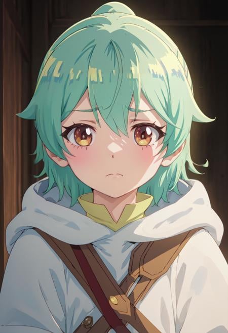 best quality, masterpiece, highres, solo, (ivy_saijakutamerwagomihiroinotabiwohajimemashita:1.10), 1girl, blush, closed mouth, hood, portrait, looking at viewer, anime coloring, frown, yellow eyes, anime_style, 1 <lora:ivy_saijakutamerwagomihiroinotabiwohajimemashita:0.80>