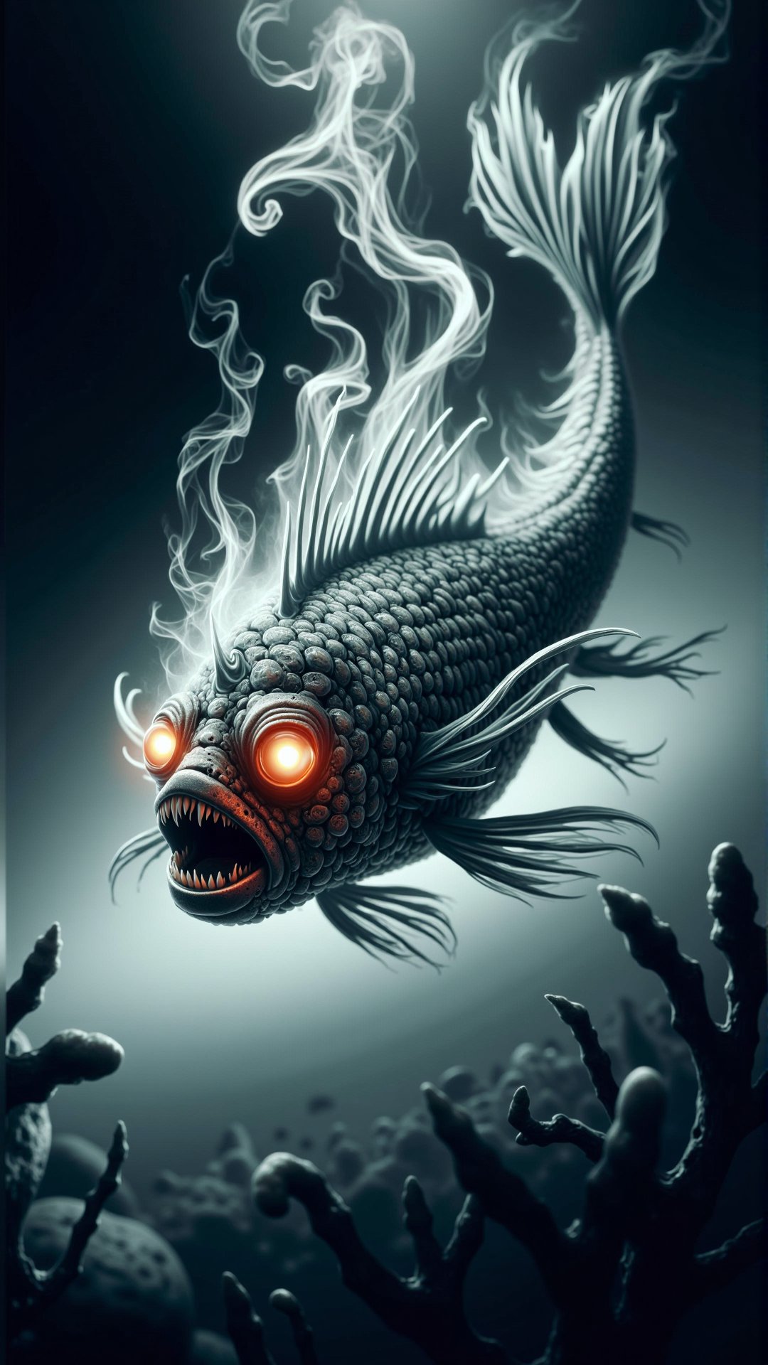 A stunning horror photo of a dark cursed atmospheric smoking AHaunted fish, gas spirit rising up, high resolution photography, ultra resolution, 4k, 8k, 16k, HDR<lora:AHauntedFlux:1>