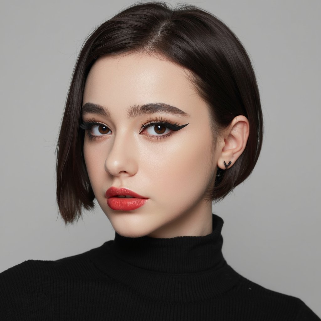 A close-up portrait of dasha_taran with a striking appearance. She has a short, black bob hairstyle that frames her face. Her makeup is bold and dramatic, featuring dark eyeliner and mascara, and her lips are painted a bright red. She wears a black turtleneck sweater. The background is a plain, light gray, contrasting with her dark hair and makeup. The image style is contemporary, emphasizing the subject's facial features and expression.