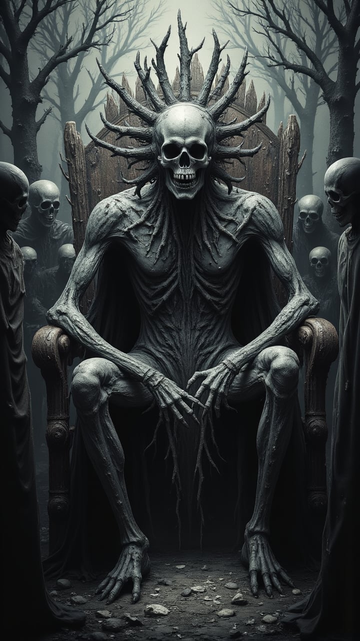 "A decayed zombie king sitting on a throne of bones, surrounded by hordes of the undead marching to his command."     , aidmaHalloweenBoost