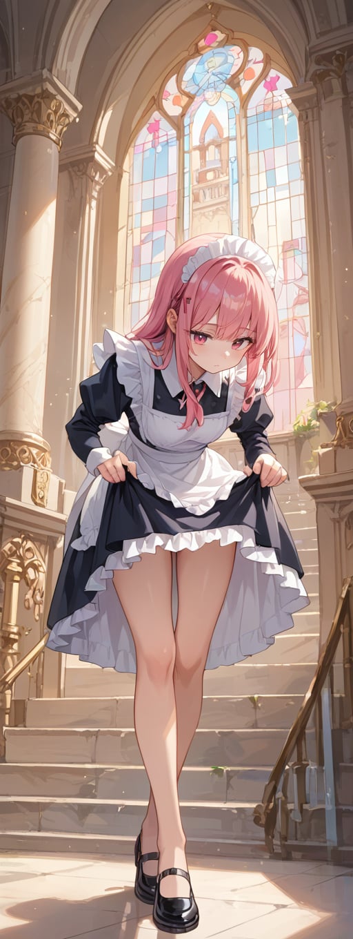 score_9, score_8_up, score_7_up,source_anime, palace, shiny pink hair, 1girl, solo, full body, maid dress, skirt hold bowing, crossed legs, leaning forward ,skirt lift, 