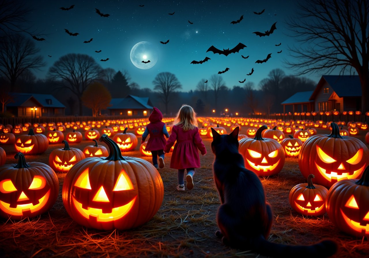 A pumpkin patch under starlight: Rows of jack-o’-lanterns light up the field, their carved faces flickering with inner flames. Children in costumes dart between the glowing pumpkins, their laughter carried by the wind. Overhead, bats swoop through the starry sky, as a black cat watches quietly from the shadows.