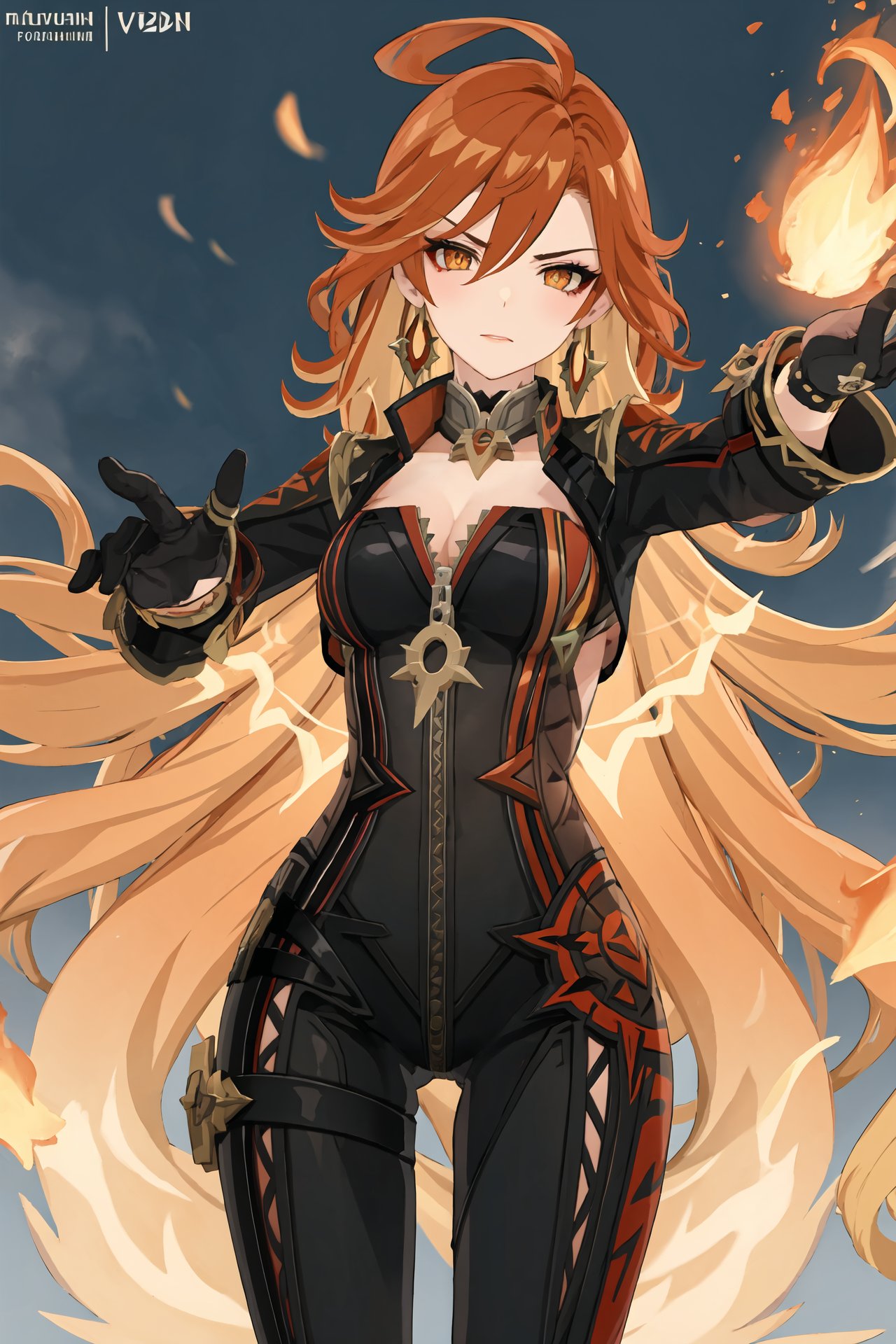 1girl, mavuika \(genshin impact\), earrings, black bikesuit, black gloves, shrug \(clothing\), metal collar, depth of field, cowboy shot, fire, combat pose, incoming attack, glaring, looking at viewer