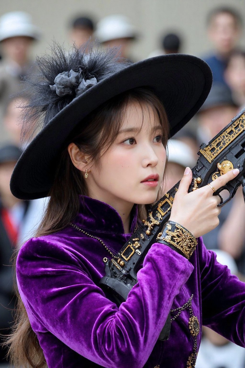 (medium full shot), beautiful young korean girl, a woman dressed in a striking and elegant outfit. She is wearing a vivid purple, high-necked dress with detailed embroidery, and a large black hat adorned with a decorative veil . The woman has serious expression and is aiming through an intricately designed rifle, which features gold and black accents, aimed forward with precision, background is slightly blurred, with people watching in the distance,, <lora:flux_realism_lora:1>,  <lora:makinaflux_iu_v1.0:1>