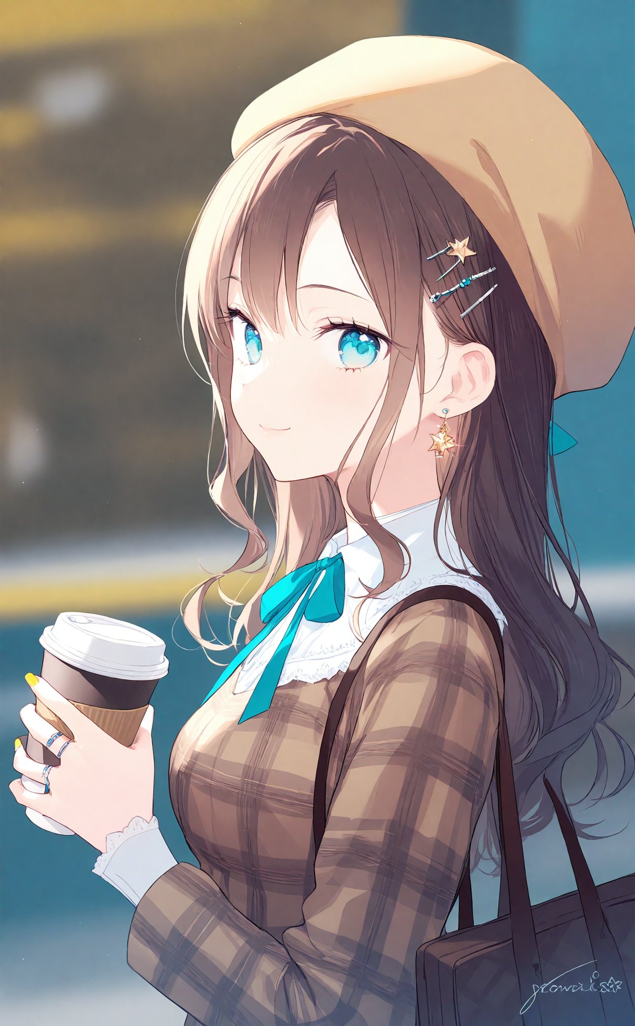 masterpiece,best quality,high quality,(colorful),loli,1girl,solo,jewelry,long hair,looking at viewer,shirt,brown hair,cup,hair ornament,holding,long sleeves,hat,earrings,ribbon,disposable cup,plaid headwear,blue eyes,aqua ribbon,yellow nails,beret,yellow headwear,white shirt,upper body,coffee cup,holding cup,blurry background,signature,dress,closed mouth,ring,neck ribbon,plaid dress,plaid,blurry,smile,hairclip,nail polish,from side,breasts,bag,star \(symbol\),brown dress,outdoors,brown headwear,medium breasts,aqua eyes,sidelocks,