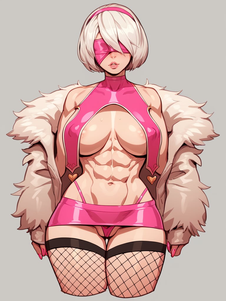 Score_9, score_8_up, score_7_up, score_6_up, source_anime, 1girl, yorha no. 2 type b, slutty_clothes, makeup, pink blindfold, abs, fishnets, microskirt, jewelry, pink panties,  fur jacket, pink breast curtains, <lora:Concept_Slutty_Clothes:1>,BREAK, OverallDetail,   