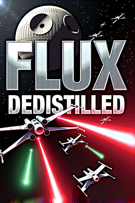 Massive metallic text reading 'FLUX DEDISTILLED' with subtext 'FP16' displayed in a bold, futuristic style, similar to the iconic Lucasfilm THX logo, with sleek, industrial sharpness. In the distance, a massive space station resembling the Death Star looms as X-Wings and TIE fighters engage in an epic space battle. X-Wings fire bright red lasers, while TIE fighters return fire with glowing green lasers, lighting up the dark space backdrop. The scene is filled with dynamic energy, with metallic reflections on the text and ships, creating a cinematic and powerful atmosphere.