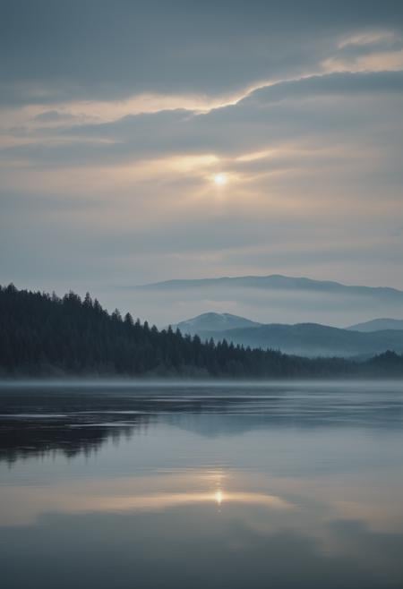 A serene landscape of a sparkling lake, gentle clouds drifting in a bright blue sky, majestic mountain peaks emerging from the mist, vibrant colors, reflective water surface, tranquil atmosphere, high detail. highly detailed and hyper realistic photo, by Alena Aenami , by Archibald Thorburn , by Daniele Afferni , in the style of monochromatic silhouette reflection, limited dark palette, unusual dark colors, faded colors, atmospheric haze, highly dramatic cinematic lighting, motion blur, film grain, professional, excellent composition, finest details, maximized details, ultimate detail level, masterpiece, best quality