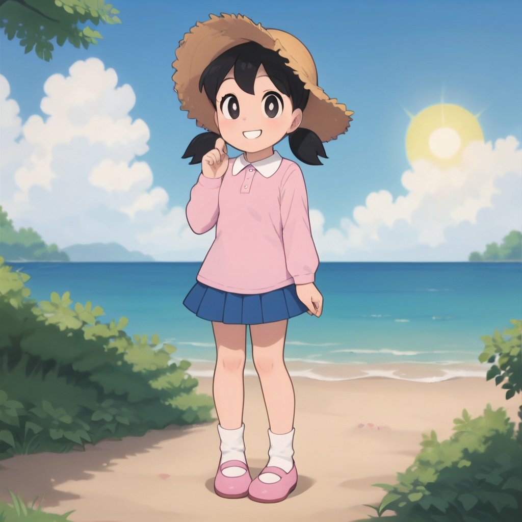 score_9, score_8_up, score_7_up, score_6_up, score_5_up, score_4_up, source_anime,minamoto sizuka,1girl, outdoors, hat, solo, skirt, twintails, black hair, socks, sky, shirt, blue skirt, beach, smile, day, cloud, shoes, black eyes, pink footwear, ocean, white socks, looking at viewer, long sleeves, pink shirt, blue sky, standing, full body, pleated skirt, bright pupils, short twintails, water, white pupils, collared shirt, blush, grin, straw hat, sun hat, hand up, low twintails,masterpiece, perfect face, best quality, beautiful girl, cute girl, beautiful eyes, shiny eyes, anime coloring, anime screencap, absurdres, award winning, full body, <lora:minamoto shizuka auti 930:0.8>