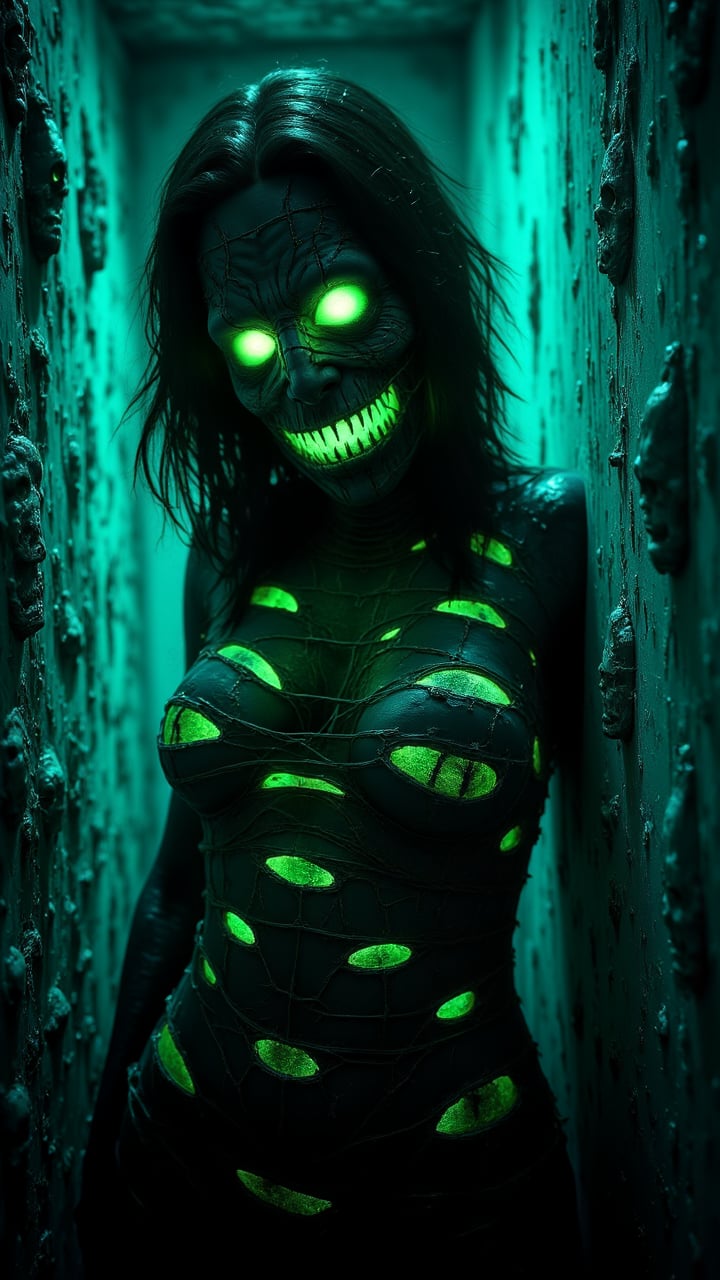 In a post-apocalyptic scenario: people have mummified themselves, but their bandages are made of glowing neon tubes that shine into the darkness of the ruins. Only their eyes glow green from the depths of their mummy shells.     , aidmaHalloweenBoost