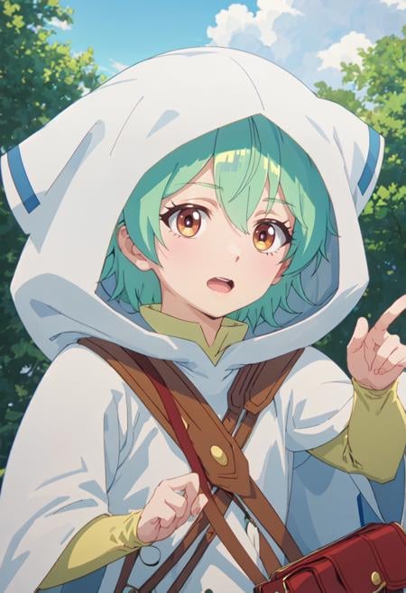 best quality, masterpiece, highres, solo, (ivy_saijakutamerwagomihiroinotabiwohajimemashita:1.10), 1girl, blue sky, day, outdoors, hood up, open mouth, upper body, cloud, looking at viewer, white cloak, animal hood, long sleeves, anime_style, 7 <lora:ivy_saijakutamerwagomihiroinotabiwohajimemashita:0.80>