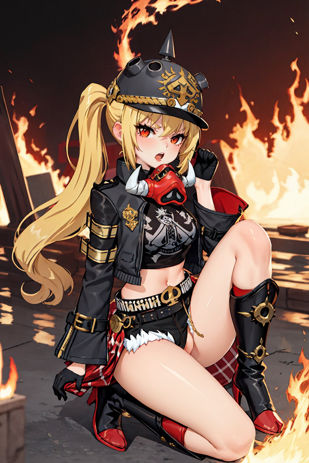 1girl, luciana de montefio, side ponytail, black helmet, cutoffs, half gloves, high belt, cropped jacket, mask around neck, black camisole, sarong, knee boots, red socks, looking at viewer, angry, open mouth, full body, legs up, floating, midair, fire, explosion, depth of field