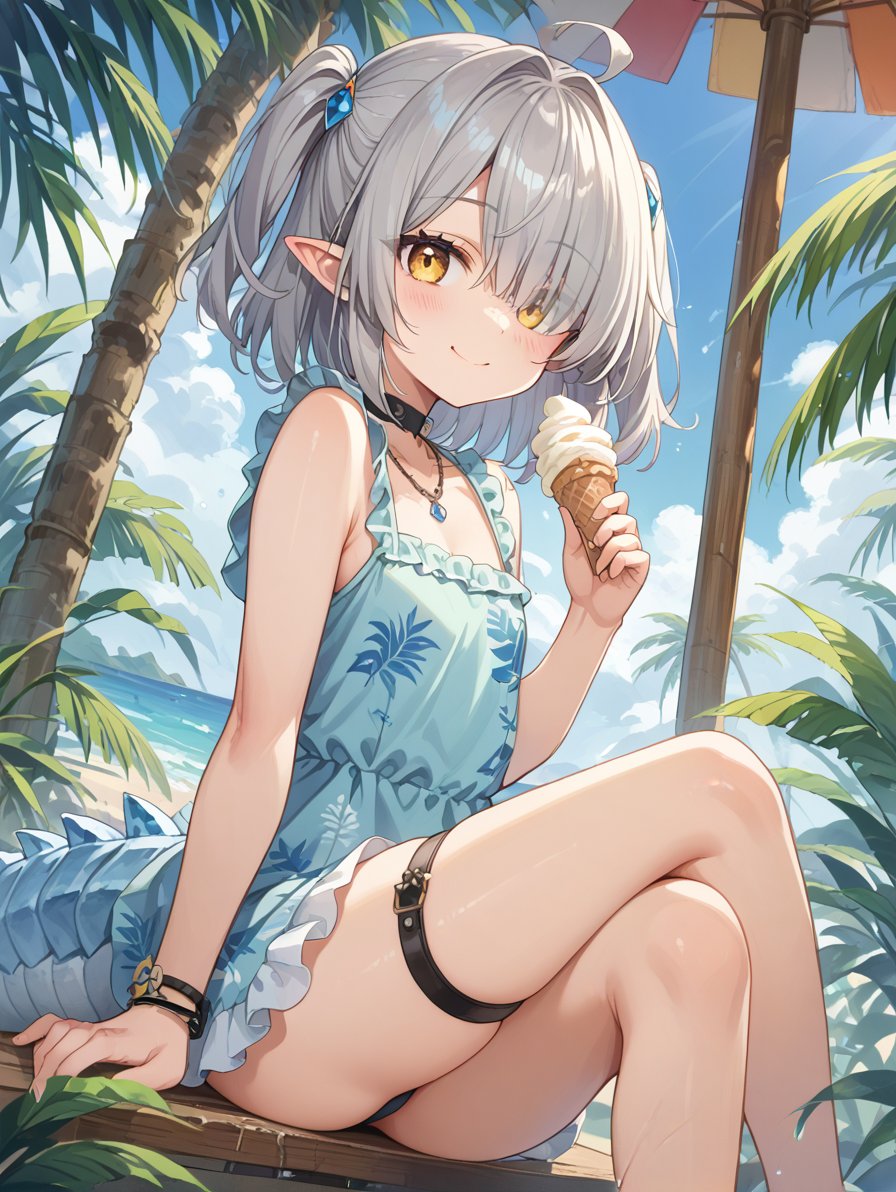 score_9, score_8_up, score_7_up,source_anime, 1girl, solo, yellow eyes, grey hair, hair over one eye, two side up, bangs, ahoge, pointy ears, crocodilian tail, sleeveless dress, leg straps, choker, necklace, looking at viewer, tropical beach, sitting, dutch angle, sideview, soft smile, blush, ice cream