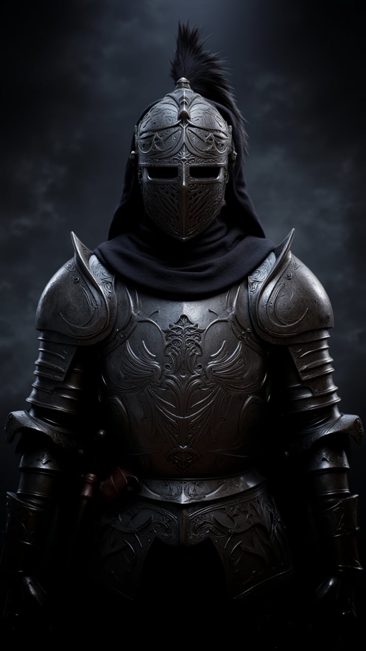 character This is a high-quality CGI rendering of a medieval knight in full plate armor, standing against a dark, smoky background that suggests a misty, foreboding atmosphere. The knight is clad in intricate, highly detailed, dark grey and black armor, with intricate engravings and a polished, reflective sheen. The helmet is a classic medieval design with a visor and a plume, which is a deep, glossy black, blending seamlessly with the knight's attire.    , aidmaDarkfantasy