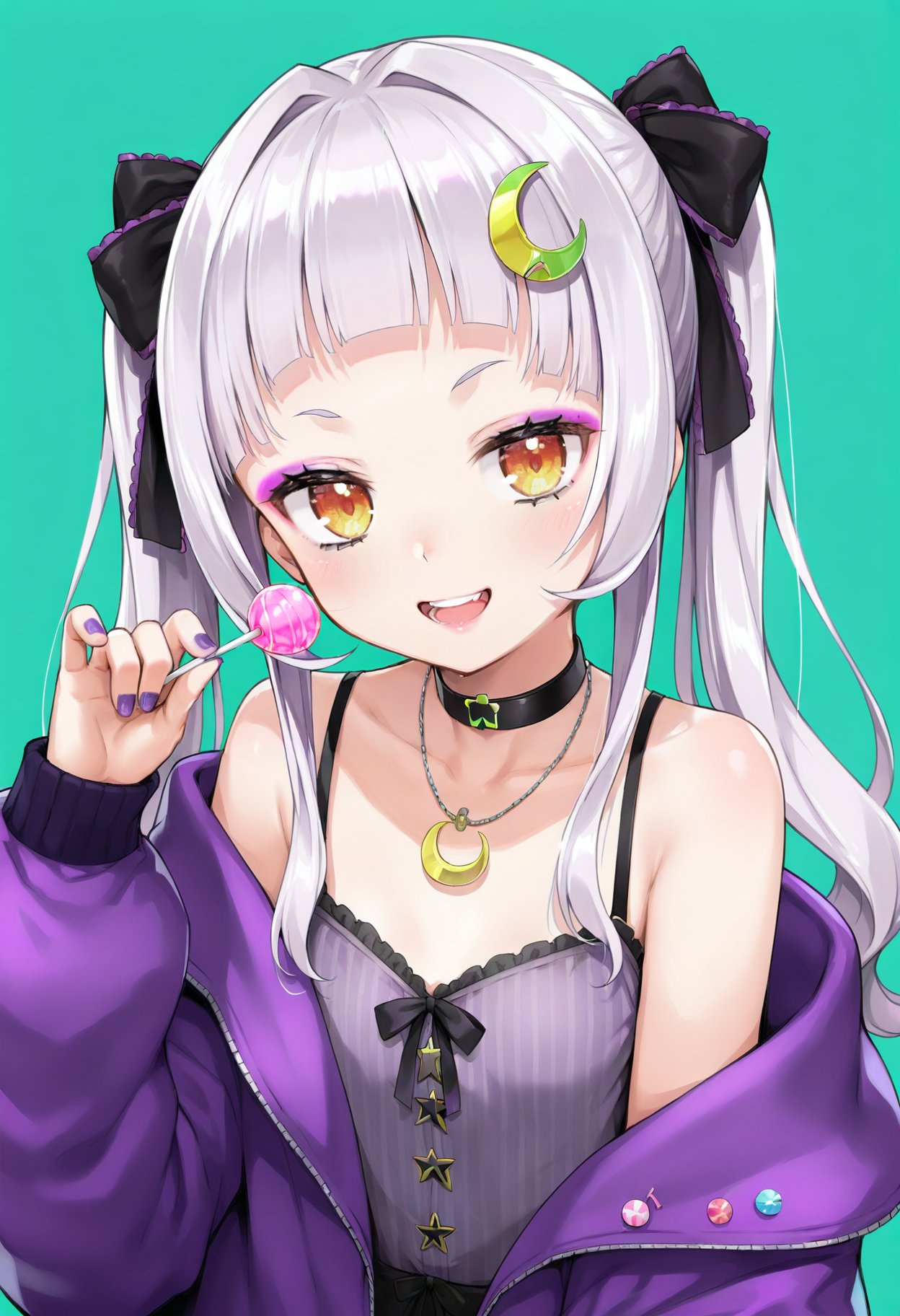 1girl, murasaki shion, virtual youtuber, lollipop, food, solo, candy, twintails, grey hair, long hair, purple nails, holding lollipop, holding food, hair ornament, holding candy, jacket, looking at viewer, choker, holding, yellow eyes, jewelry, nail polish, necklace, crescent, upper body, hair ribbon, eyeshadow, ribbon, alternate costume, off shoulder, open mouth, bare shoulders, green background, teeth, makeup, purple jacket, camisole, arched bangs, crescent hair ornament, smile, collarbone, hairband, orange eyes, black ribbon, long sleeves, blunt bangs, black choker