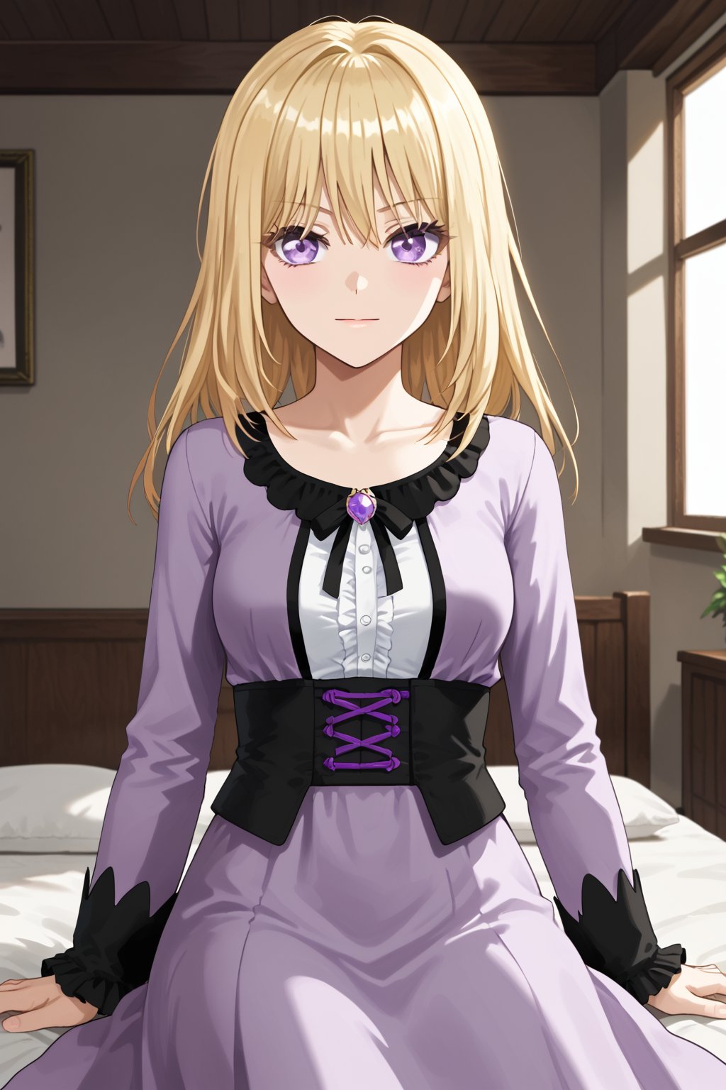 uika, 1girl, blonde hair, bangs, purple eyes<lora:uika-pony:0.8>