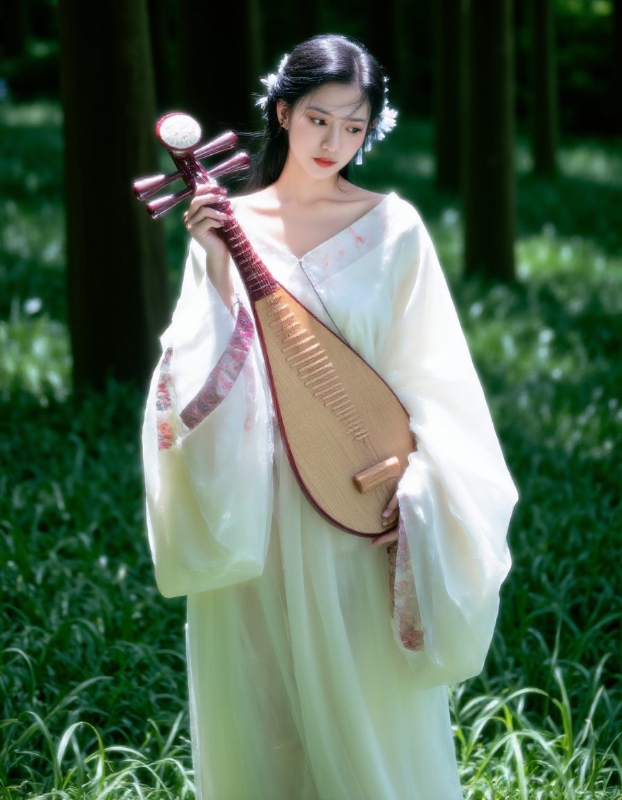 A young Asian woman wearing white Hanfu,  holding a Chinese guqin in her right hand. Her hair was combed into waves,  and...