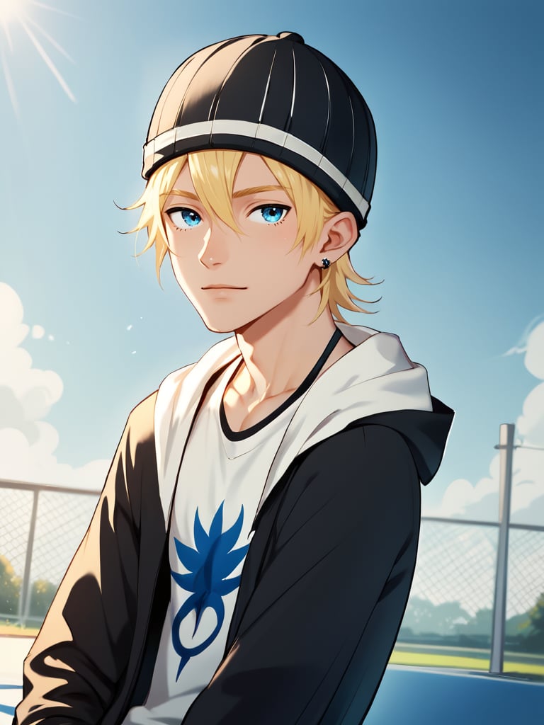 score_9, score_8_up, score_7_up,  score_6_up, score_5_up, score_4_up, source_anime , rating_safe <lora:Jude:0.9> 1boy, blue eyes,  jude1, blonde, skater boy, black hat with a white stripe, hat,  male focus, looking at viewer,  relaxing, relax expression,