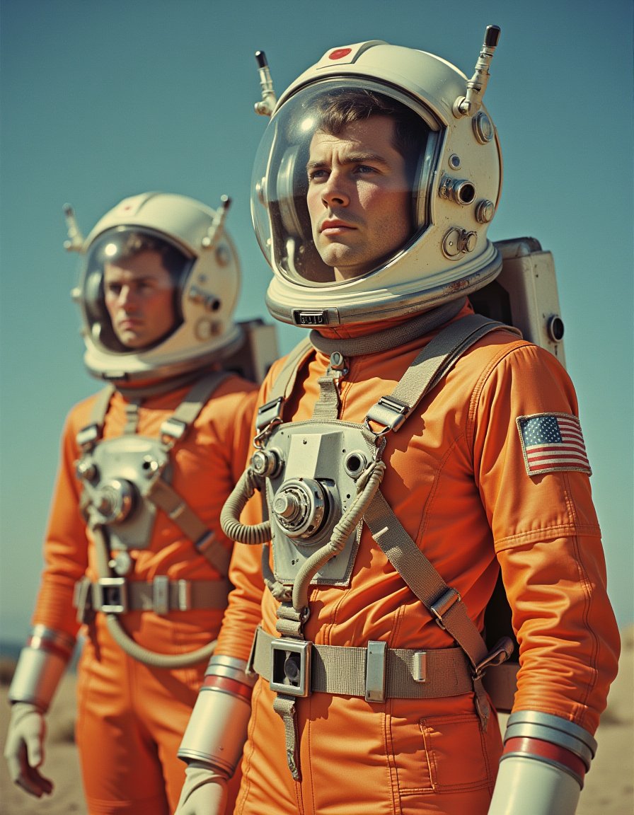 Vintage Sci-fi . An astronaut, dressed in brightly colored spacesuits with clear bubble helmet <lora:Vintage_Sci-fi_Movie:0.7>