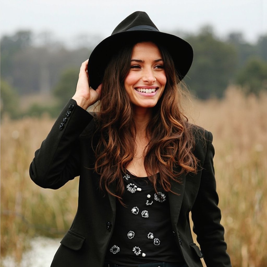 A ultra sharp portrait of sarahshahi outdoors, captured in a candid moment. She wears a wide-brimmed black hat, a black blazer, and a black top with white floral embellishments. Her long, wavy brown hair flows down her back, and she gently adjusts her hat with her right hand. The background is a blurred landscape of tall grasses and trees, indicating a natural setting. The color palette is warm, dominated by browns, blacks, and whites, with the black of her hat and blazer contrasting against the natural surroundings.