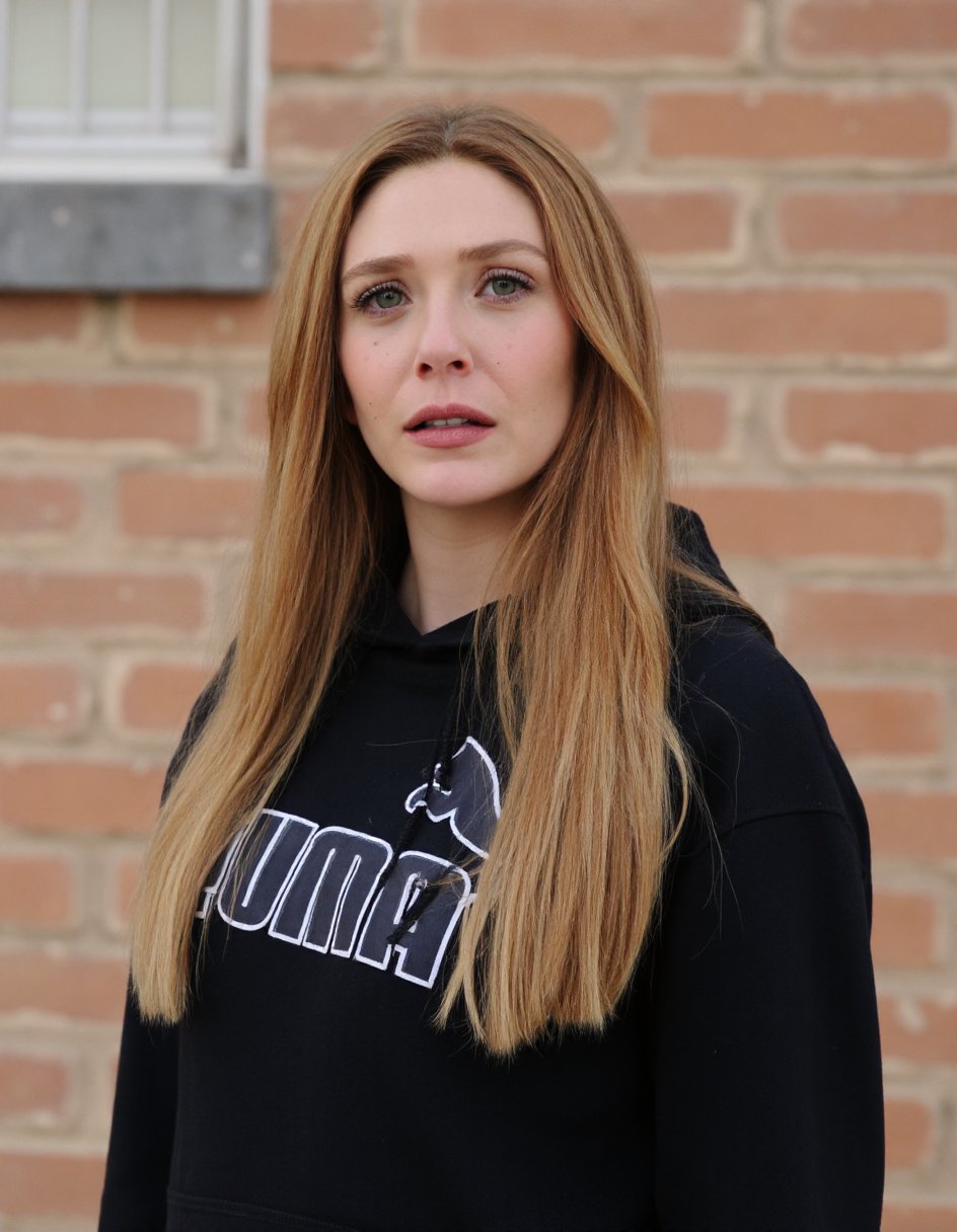 The image is a high-resolution photograph featuring a young woman with long, straight, blonde hair cascading past her shoulders. She has a fair complexion and is wearing a black Puma hoodie with a large, white Puma logo on the front. Her expression is neutral, with slightly parted lips and a direct gaze into the camera. She has well-groomed eyebrows, long, dark eyelashes, and subtle makeup, including a touch of mascara and light lipstick.The background consists of a brick wall with a large, square, glass window partially visible on the left side. The window has vertical bars and is framed by a stone ledge. The bricks are a mix of light and dark shades, contributing to a rustic, urban feel. The lighting is natural, suggesting the photo was taken outdoors during the daytime. The overall composition focuses on the subject, with the background providing a textured, urban context. The photograph captures a blend of casual and stylish elements, emphasizing the woman's appearance and the setting,,Elizabeth Olsen,<lora:Elizabeth Olsen_Flux_V1:0.97>