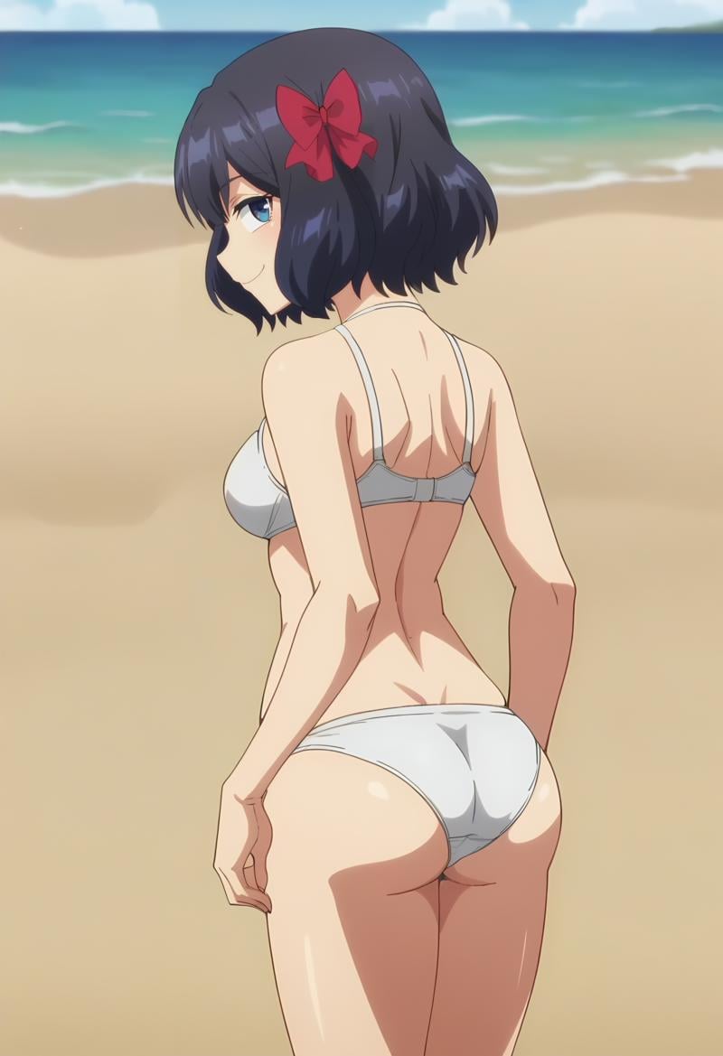 <lora:Tino Shade:0.9> Tino Shade, 1girl, blue eyes, solo, red hair bow,medium breasts, short hair,  black hair , from behind, looking back , white bikini, beach , smile, closed mouth, score_9, score_7_up,anime coloring ,source_anime, anime, anime screencap