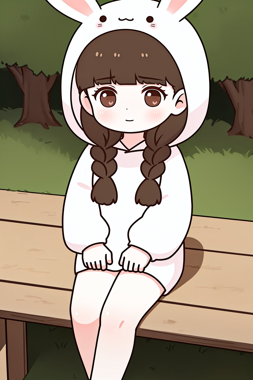 (best quality,masterpiece:1.2),ultra detailed,8k,extremely detailed,delicate pattern,looking at viewer,outdoors,<lora:C_QV_rabbit_girl_OCT_:0.7>,child,1girl,solo,Q,Q ver,braid,brown hair,twin braids,rabbit ears,bangs,blunt bangs,long hair,twintails,brown eyes,blush,rabbit hood,hood up,hood,long sleeves,white rabbit costume,sitting, 