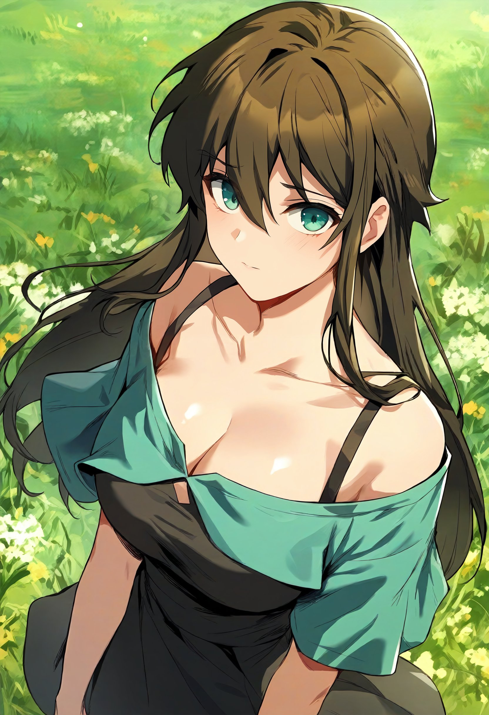 score_9, score_8_up, score_7_up, score_6_up, source_anime, rating_explicit, 1girl, solo, large breasts,<lora:Rurin prefectPonyxl:0.9> long hair, black hair, brown hair, blue eyes, green eyes, aqua eyes, hair between eyes, sidelocks, (blue shirt:0.9), off-shoulder shirt, short sleeves, (black dress:1.2), collarbone, cleavage, short dress, grasslands, outdoors, looking at viewer