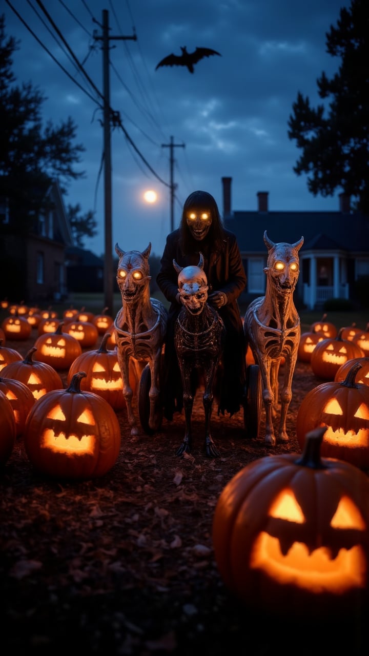 "A pumpkin carriage led by skeletal horses, racing through a glowing pumpkin patch lit by spectral lanterns."   , aidmaHalloweenBoost