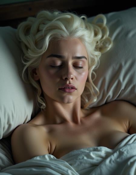 <lora:GOTemiliaClarkeQuiron_FLUX:1.7> GOTemiliaclarkeQuiron, a woman with white hair, Emilia clarke as Daenerys targaryen in hbo's 'game of thrones',   Taking a nap 