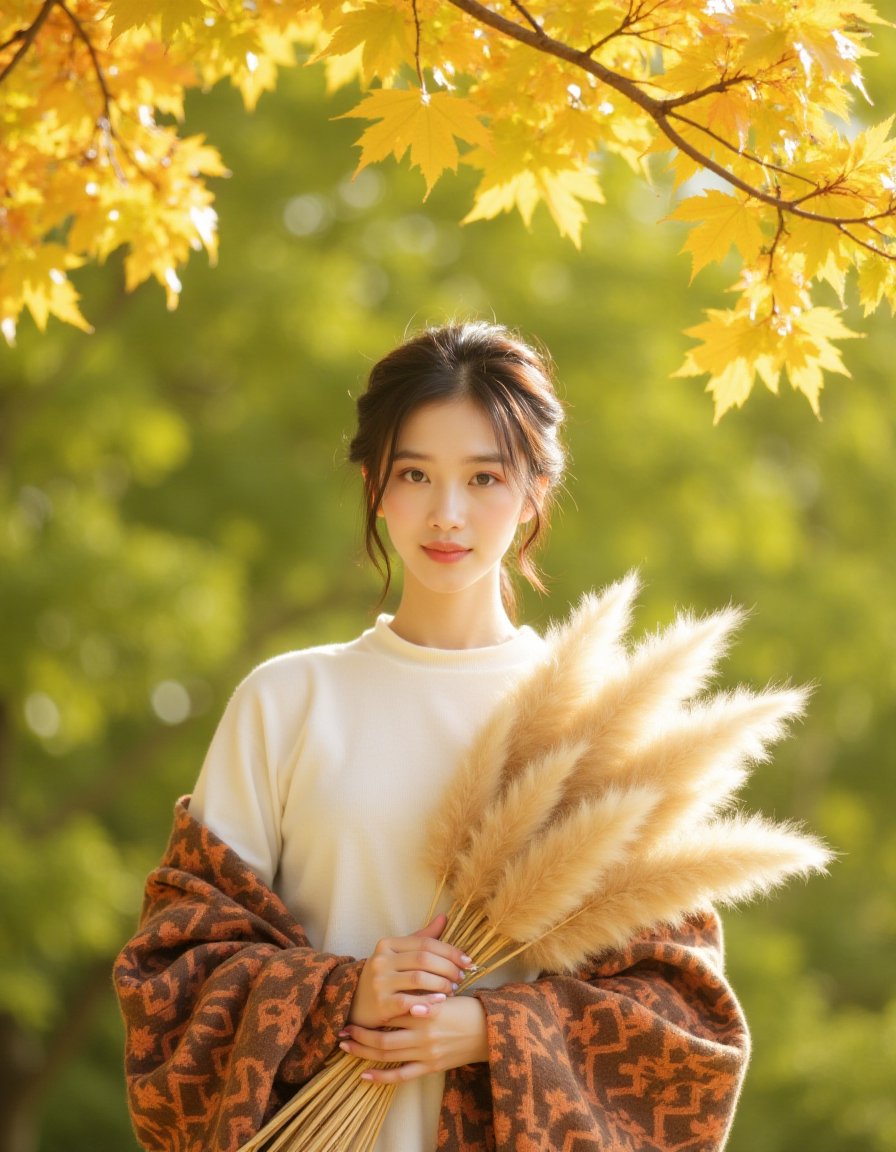 qiutian,  Portrait of a young woman with an ethereal expression,  standing in a sunlit autumn setting. She is positioned s...