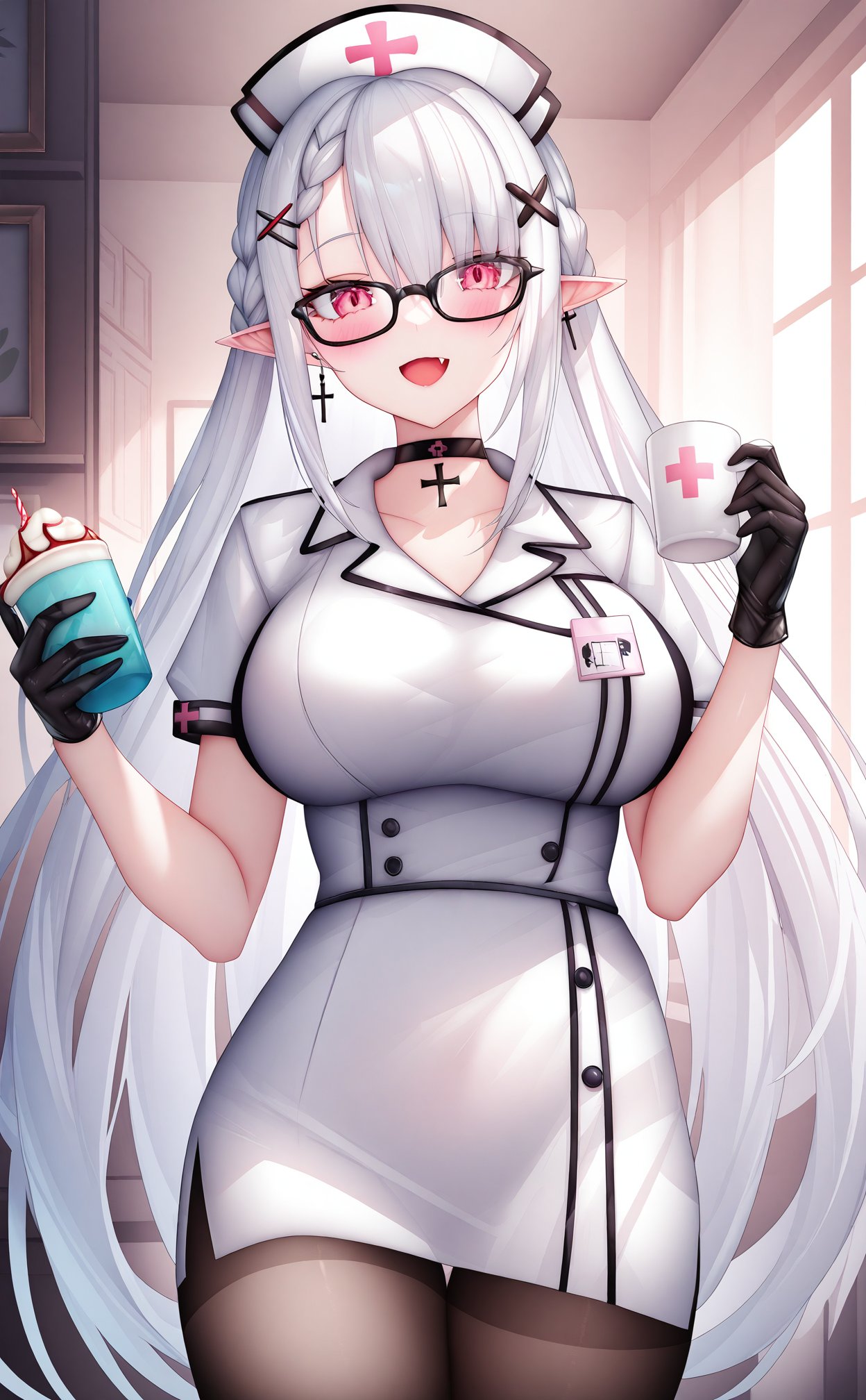 masterpiece,best quality,high quality,(colorful),Artist IorI,1girl,solo,cup,black gloves,black choker,gloves,long hair,nurse cap,holding,pantyhose,dress,white dress,hat,pointy ears,holding cup,very long hair,nurse,breasts,thighband pantyhose,black pantyhose,white hair,hair ornament,red eyes,looking at viewer,short sleeves,indoors,choker,glasses,cross,white headwear,cowboy shot,jewelry,large breasts,earrings,blush,black-framed eyewear,open mouth,crown braid,short dress,alternate costume,smile,hair between eyes,book,x hair ornament,hand up,cross earrings,braid,hairclip,fang,pink eyes,