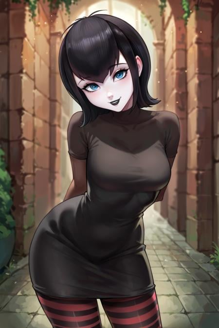 score_9,core_8_up,score_7_up, BREAK ict style, mavis, 1girl,solo, pale skin, black hair, hair between eyes, blue eyes,contrapposto, turtleneck, black and red striped pantyhose, black short dress, turtleneck, smile, arms at sides, short over long sleeves, maroon bridal gauntlets, black lips, looking at viewer, hands behind back, black dress,leaning forward, head tilt,(from side:0.7),  <lora:MerulaMavisPony:1>