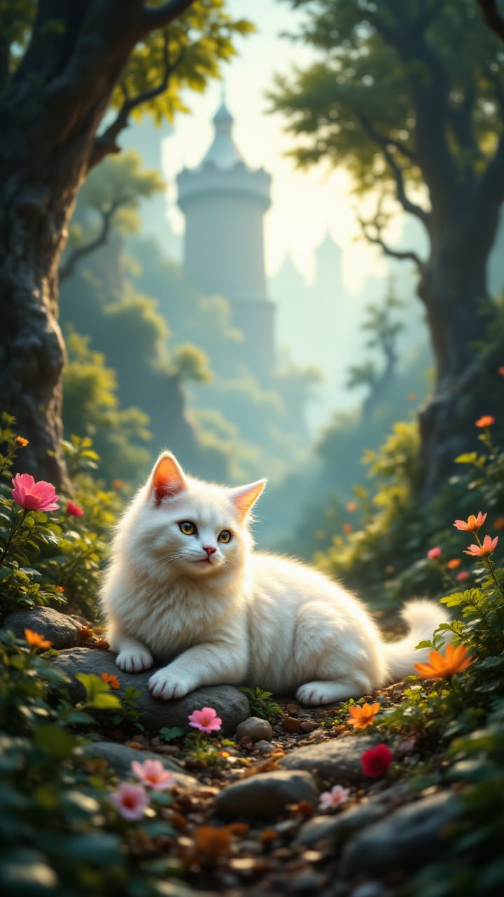 a fluffy white cat with emerald violet eyes and a bright yellow tail lounges in a lush jungle, surrounded by towering trees and colorful flowers. The sun shines down on the scene, soft focus, aidmafluxpro1.1