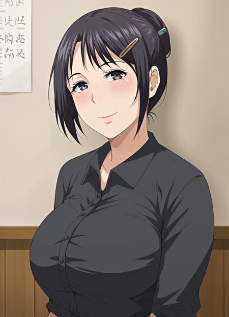 <lora:Yue_ni_Hitozuma_wa_Netorareta4:0.85>,mm,mature female,1girl,solo,black hair,hairclip,large breasts,shirt,upper body,looking at viewer,indoors,smile