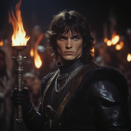 ArsMovieStill, 80s Fantasy Movie Still, The image shows a young man with long dark hair and a serious expression on his face. He is wearing a black leather outfit with a high collar and long sleeves. He has a chain necklace around his neck and is holding a torch in his right hand. The torch is burning brightly and the man is standing in front of a group of people who are also holding torches. The background is dark and blurry suggesting that the scene is taking place at night. The overall mood of the image is intense and dramatic., jewelry, weapon, 1girl, sword, necklace, yellow eyes, solo focus, black hair, holding, long hair