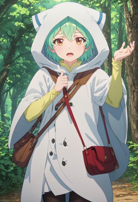 best quality, masterpiece, highres, solo, (ivy_saijakutamerwagomihiroinotabiwohajimemashita:1.10), 1girl, long sleeves, outdoors, white cloak, yellow eyes, shoulder bag, hood up, open mouth, tree, forest, looking at viewer, pantyhose, day, anime_style, 5 <lora:ivy_saijakutamerwagomihiroinotabiwohajimemashita:0.80>