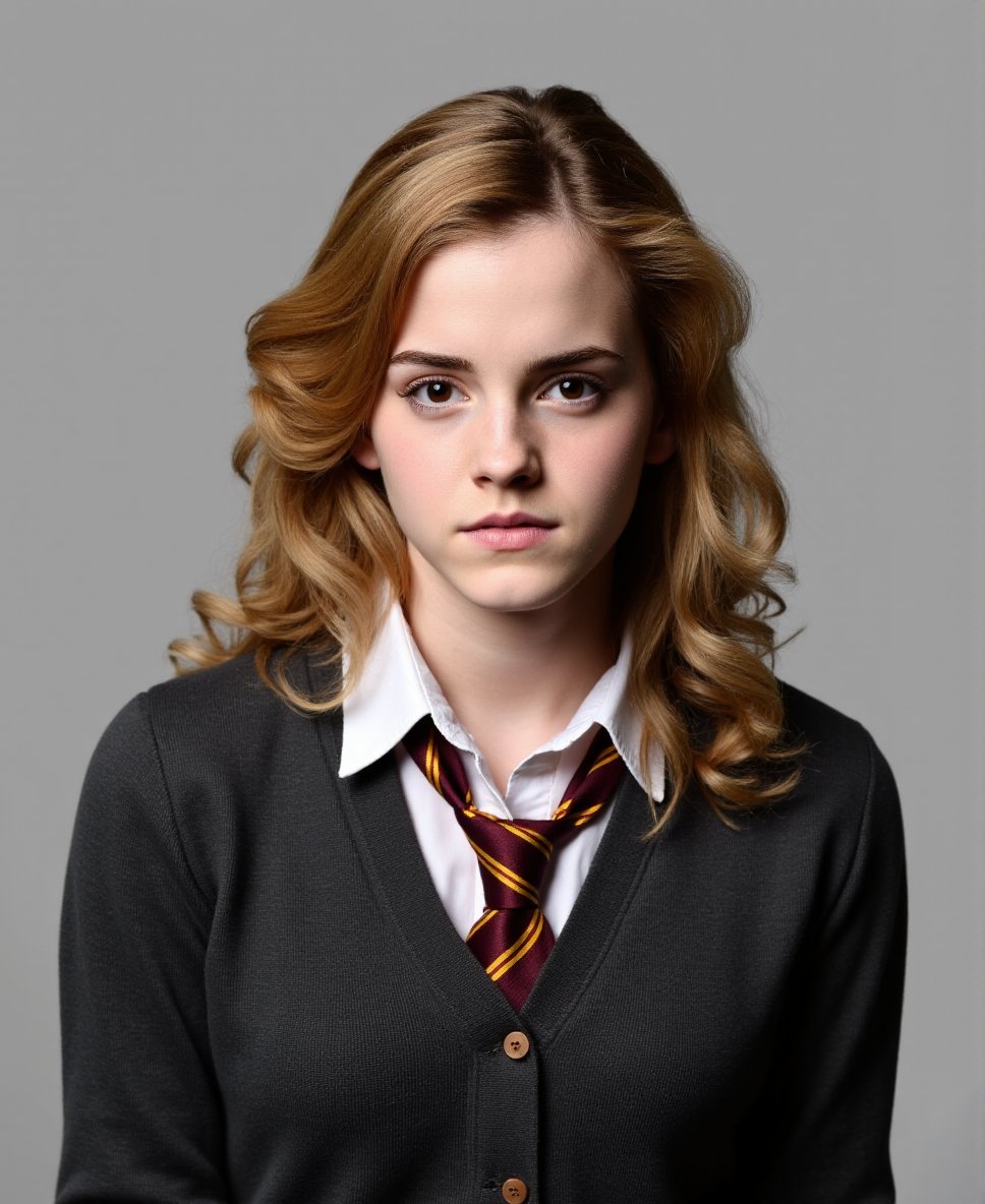 The image is a high-resolution photograph of a young woman with light brown, wavy hair styled in loose curls. She has fair skin and a serious expression, gazing directly at the camera with a neutral, almost solemn, facial expression. She is dressed in a school uniform, which includes a dark gray cardigan with a V-neck, buttoned down the front. Beneath the cardigan, she wears a white collared shirt with a maroon and gold striped tie. The tie is loosely knotted, adding a casual yet formal touch to her attire. The background is a plain, light gray, which keeps the focus on the subject. The lighting is soft and even, highlighting her face and the textures of her clothing. The photograph captures a sense of maturity and responsibility, likely indicative of a school setting. The overall mood is serious and introspective, with the young woman's expression suggesting a thoughtful or contemplative state of mind. The image is a clear, sharp photograph, with no visible digital enhancements or filters. ,Emma Watson, <lora:Emma_Watson_Flux_V1-000001:1>