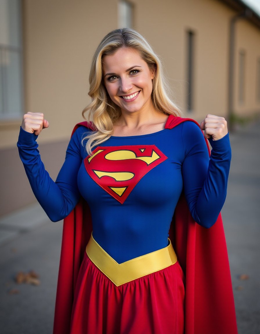 <lora:AmateurQuironStyle_FLUX:1.4> AmateurQuironstyle,, Flash and Amateur Photography   a  woman, smiling , cosplay   Supergirl (Linda Danvers) - DC Comics,