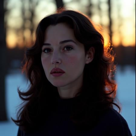 Instagram photo of a woman with freckles on her face in the winter outdoors silhouette illumination of her hair. Taken with a ProPhoto iPhone camera. ,<lora:monbellucci_local_flux_1_standard-000038:1>