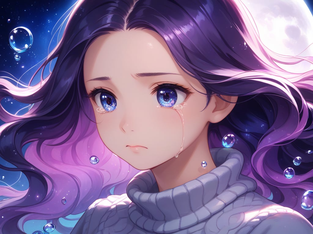 score_9, score_8_up, score_8,highly detailed, intricate, beautiful aesthetic,vibrant, extreme contrast, focus on face, (headshot), close up, view from the side, large eyes, long hair, detailed eyes, detailed hair,cute, girl, baggy sweater, cosmic background, sad, crying, tiers, water drops, floating, in space,moon, stars, atmospheric, lost, magical robes, magical hair,